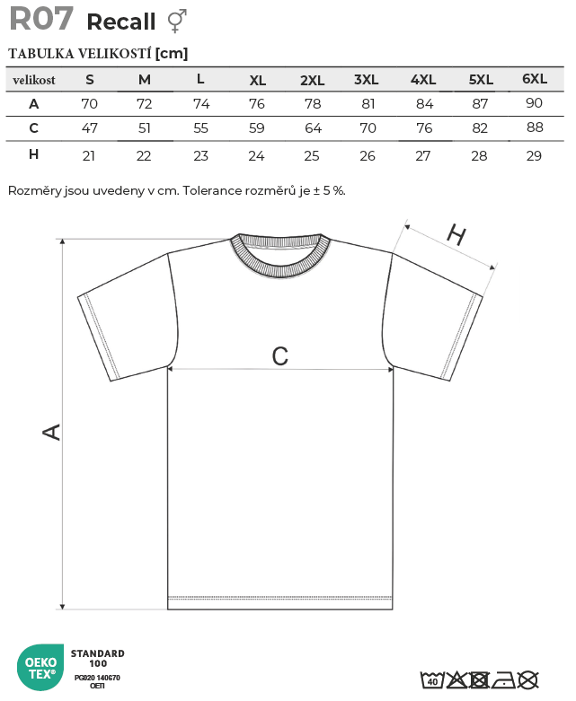 R07 Recall tričko unisex Tabulka velikostí